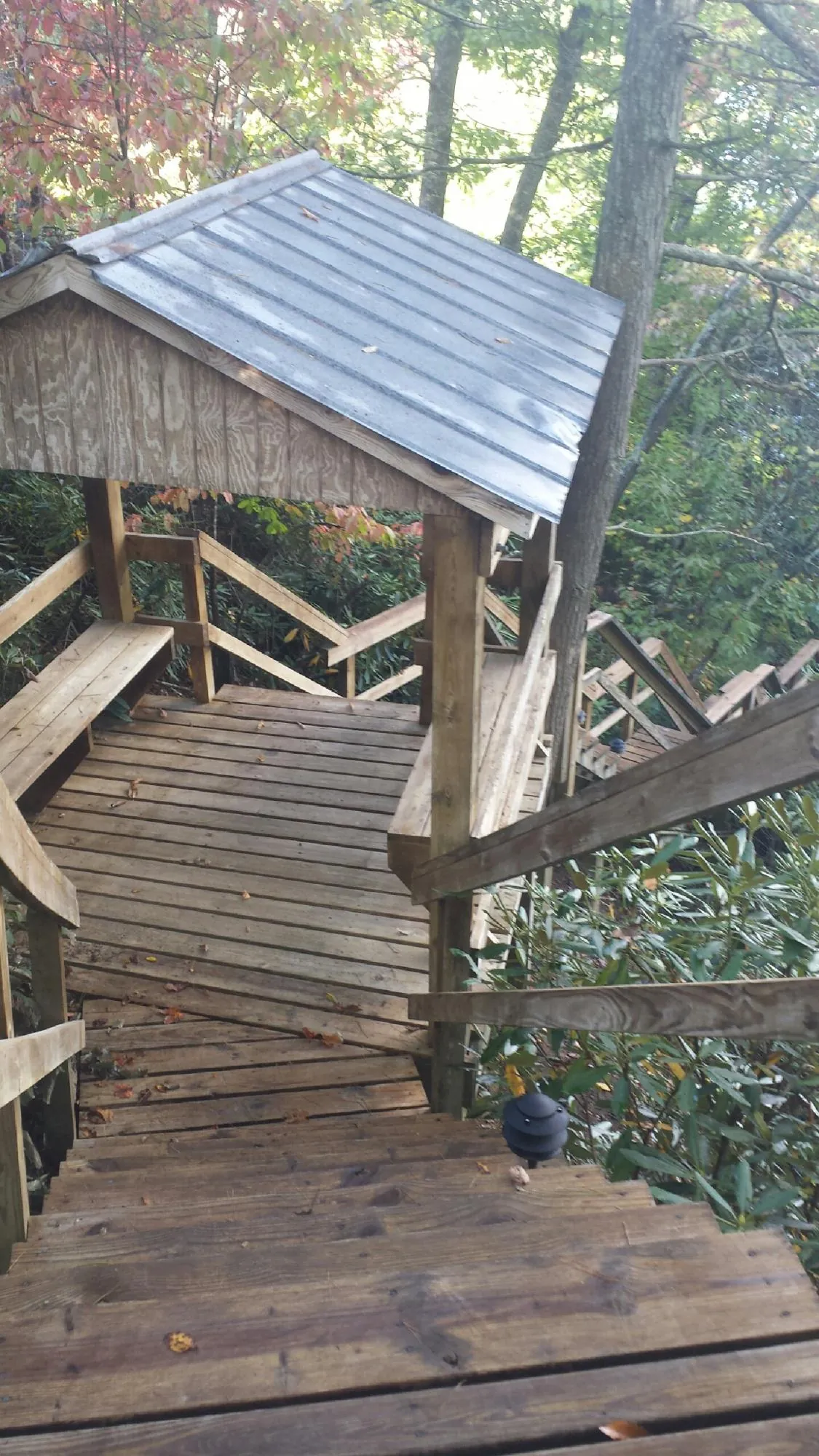 Metal roofed shelter over wooden steps on a wooded walkway — Skylight Repair & Installation work by our crew in Maben